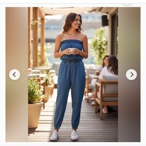 Zara. Strapless Blue Smocked Jumpsuit XS